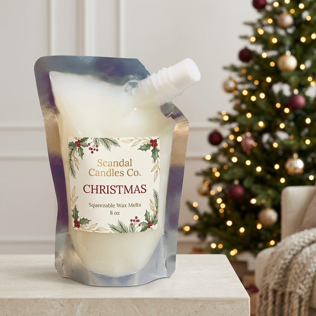 Christmas squeezable wax melt pouch with evergreen red and gold label beside a softly lit Christmas tree