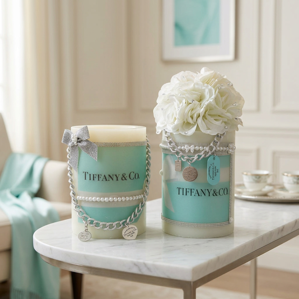 Decorative LED candle pair with silver embellishments in an ivory living room