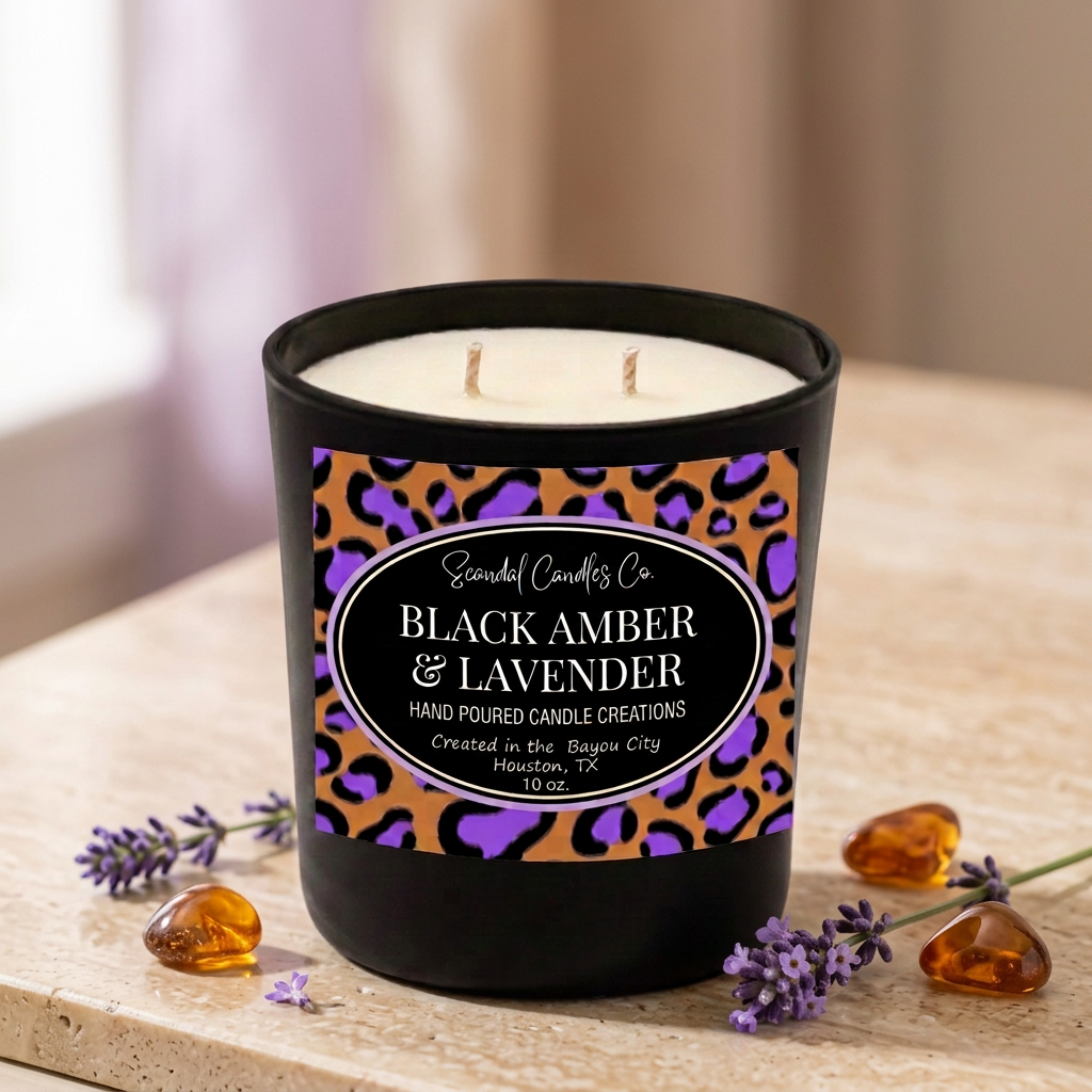 Black Amber & Lavender 10 oz candle with purple leopard oval label styled with lavender and amber-colored stones