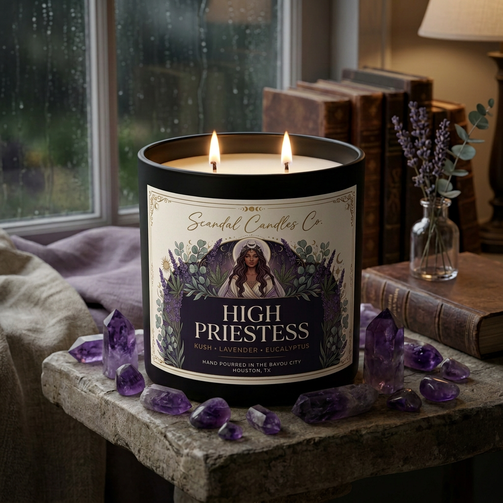 High Priestess white-wax candle with two lit wicks in a cozy bohemian setting beside a rainy window