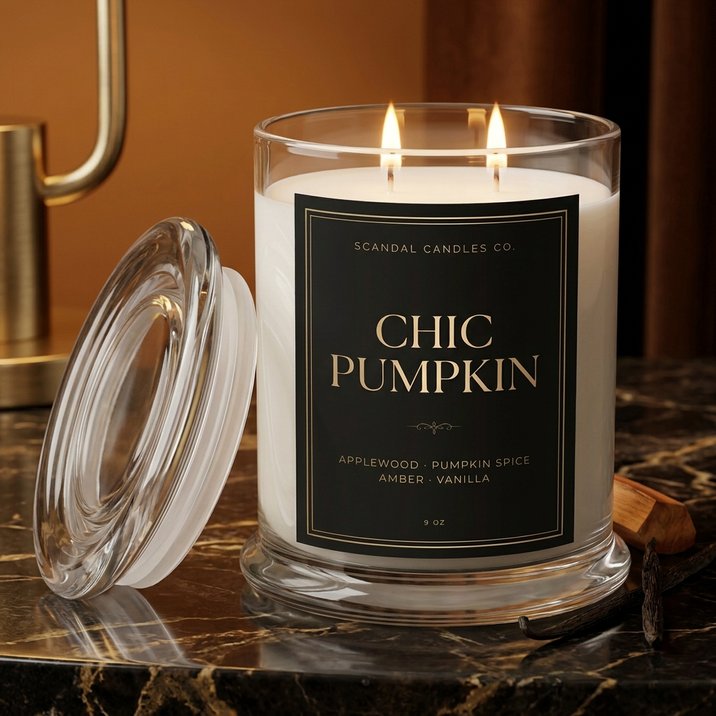 Chic Pumpkin black and gold label candle styled on espresso marble with amber lighting