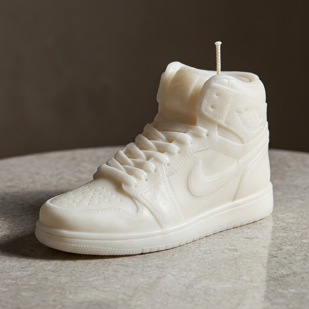 Editorial detail of the sculpted laces and sole of a white sneaker candle