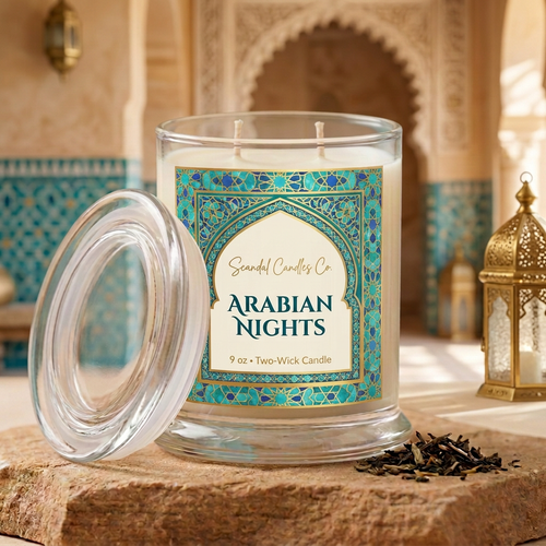 Arabian Nights candle with turquoise and gold Moroccan mosaic label in a riad setting