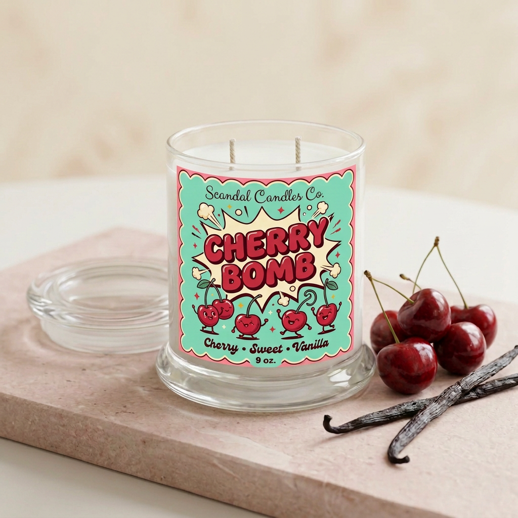 Cherry Bomb candle with retro label styled with cherries and vanilla
