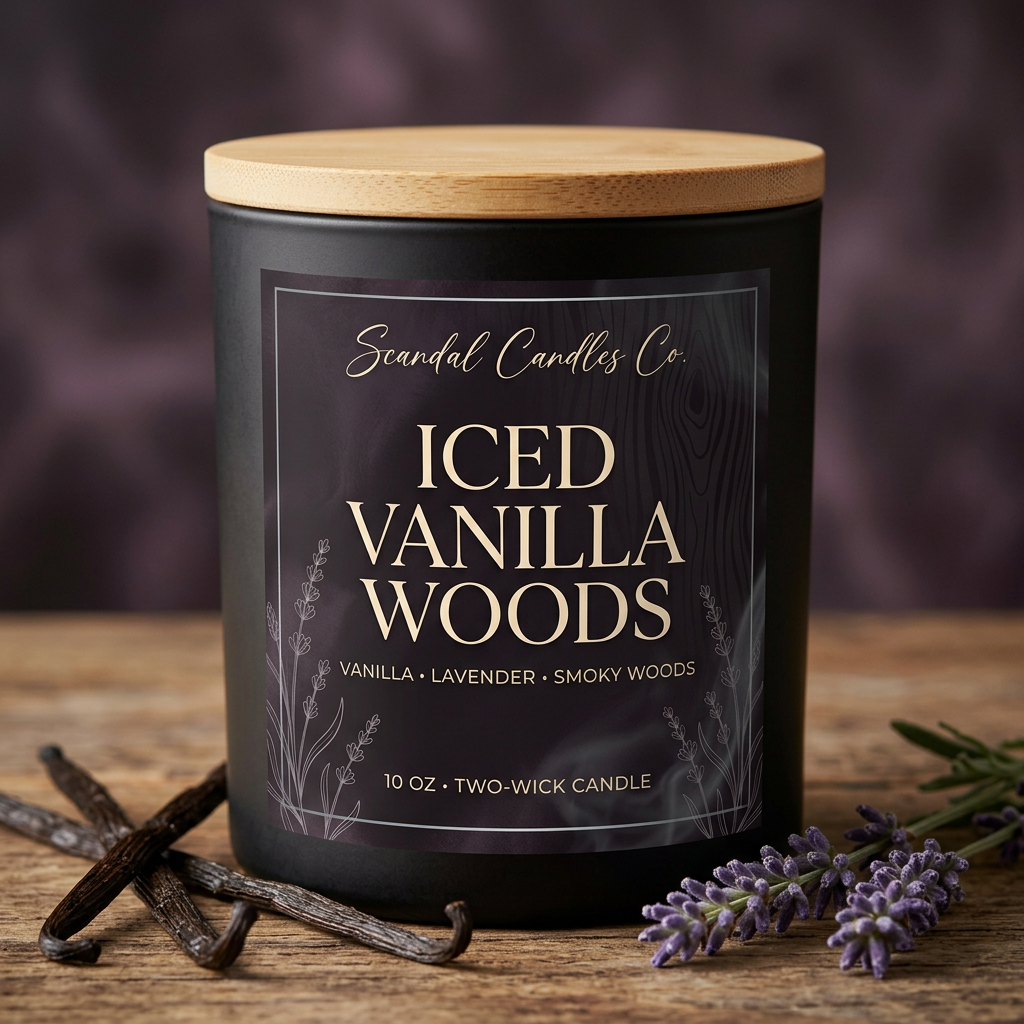 Iced Vanilla Woods matte black candle with smoky plum Velvet Ember label and wooden lid, styled with vanilla pods and lavender.