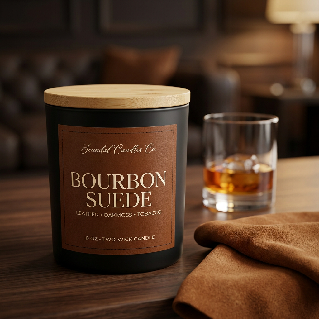 Bourbon Suede matte black candle with a wooden lid on dark walnut beside cognac suede and an amber spirit glass.