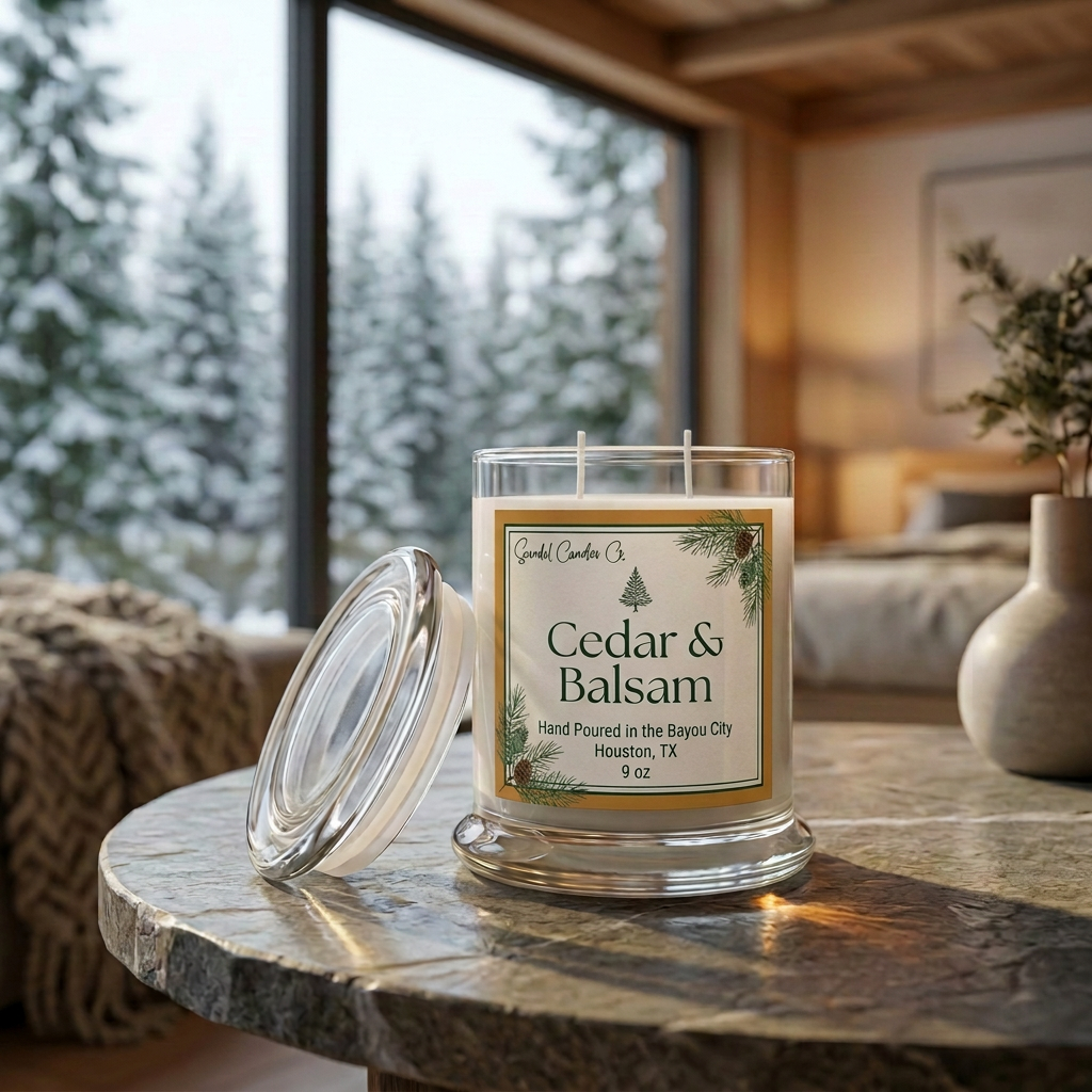 Cedar & Balsam candle with amber and ivory label in a snowy cabin setting