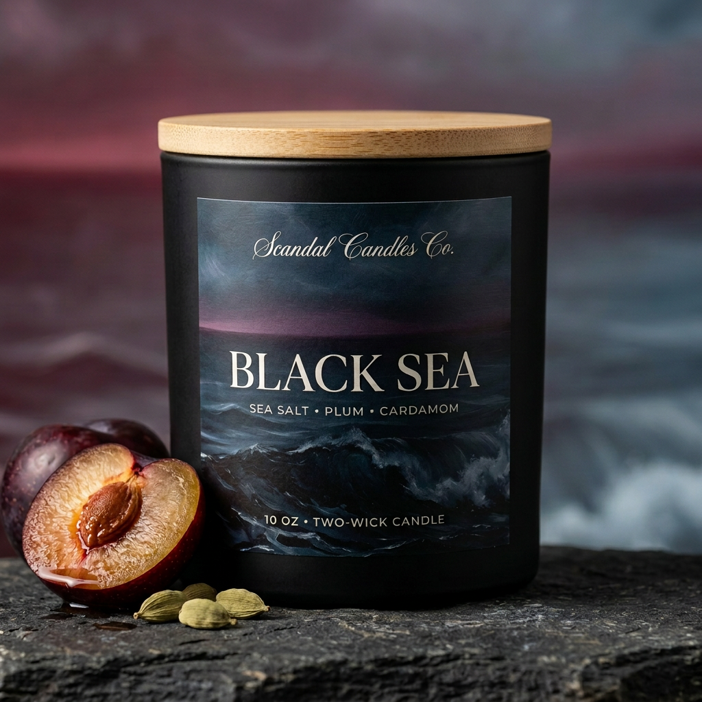 Black Sea candle with Storm Tide label and wooden lid, styled with plum and cardamom on dark stone.
