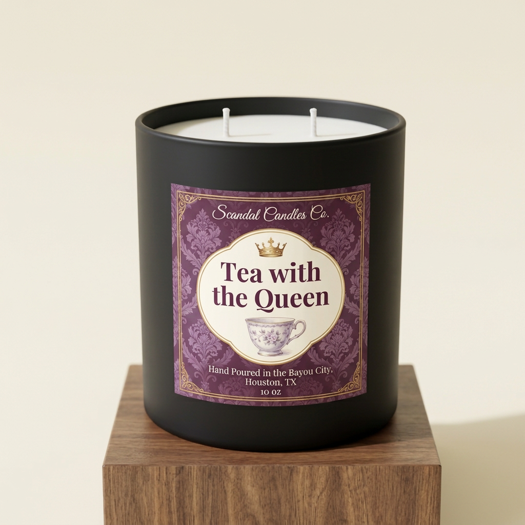 Tea with the Queen candle with plum and lavender label in a cream studio setting