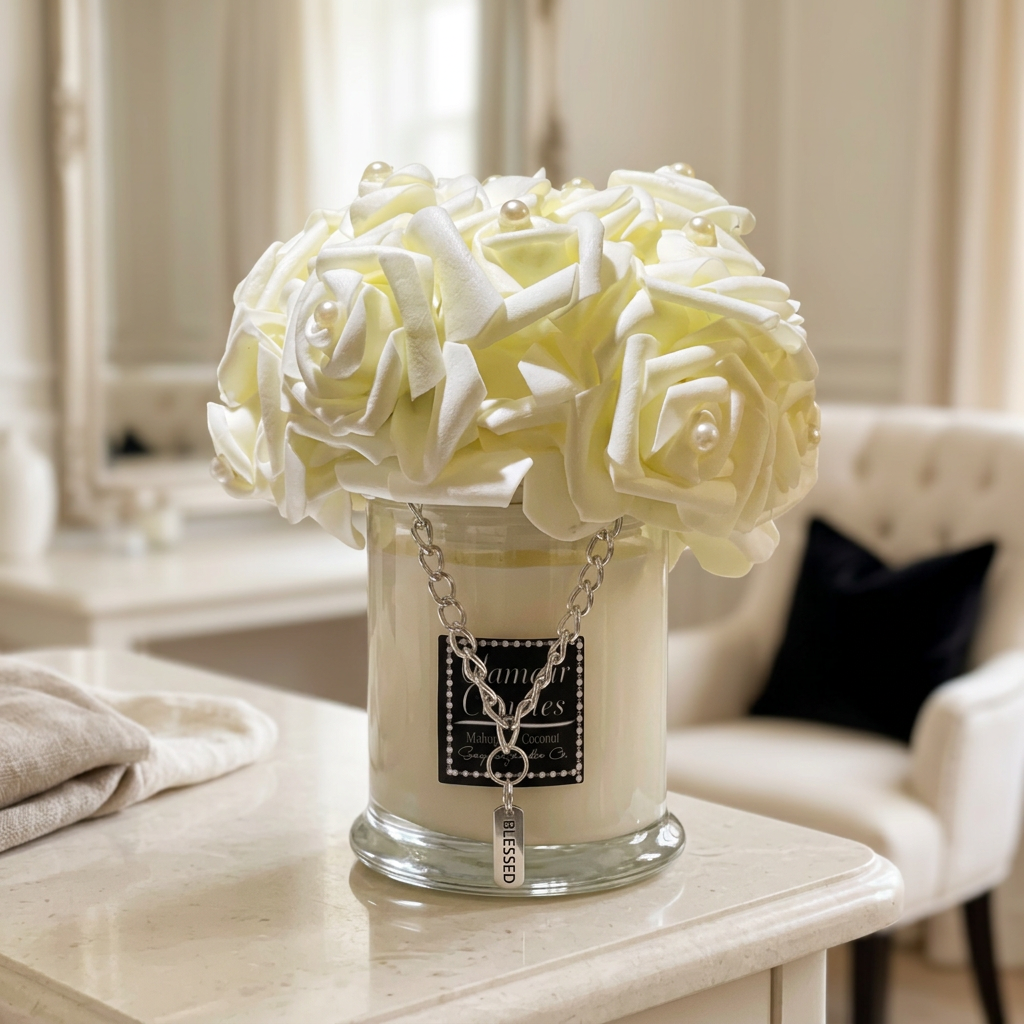 Pearl Glamour Candle displayed on an elegant ivory stone vanity