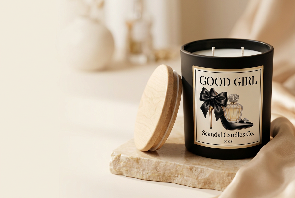 Wide Good Girl candle image with ivory space beside the candle