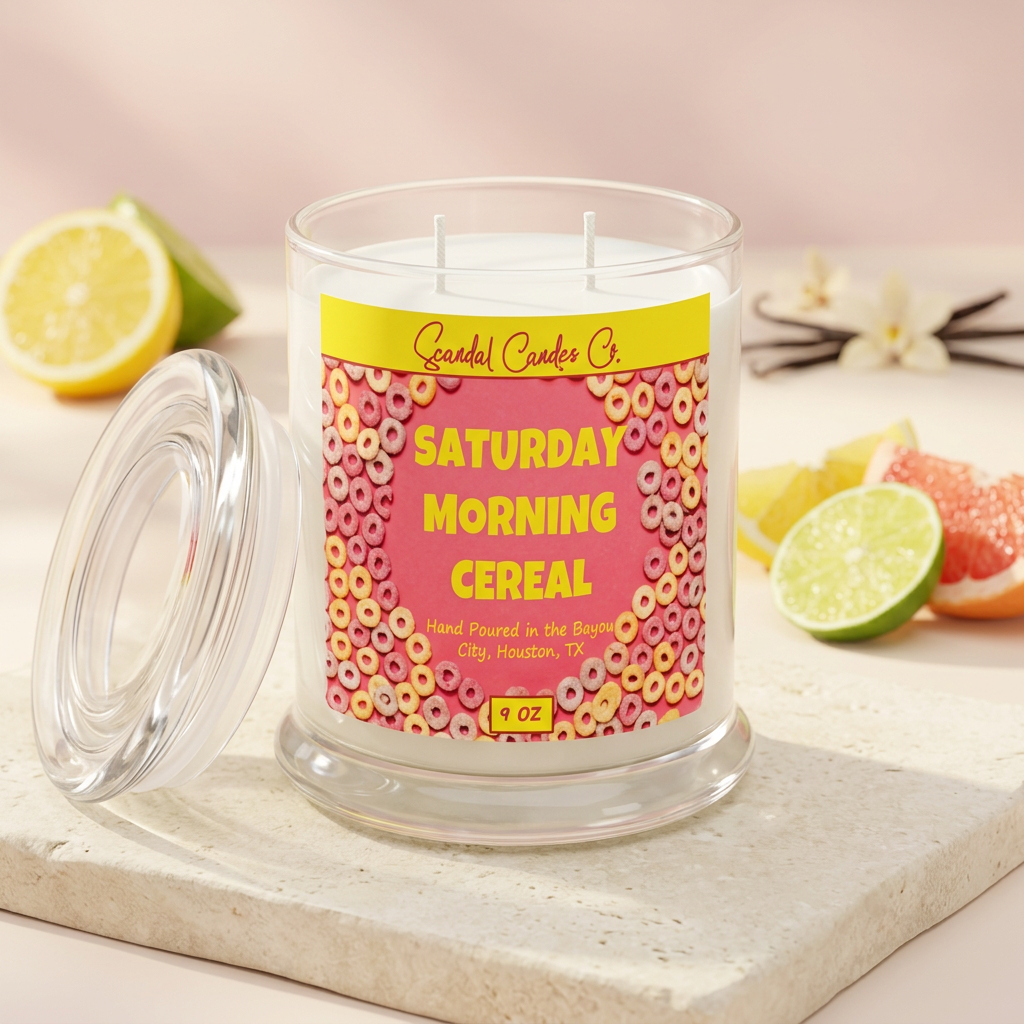 Saturday Morning Cereal candle with citrus and vanilla styling inspired by its fragrance notes