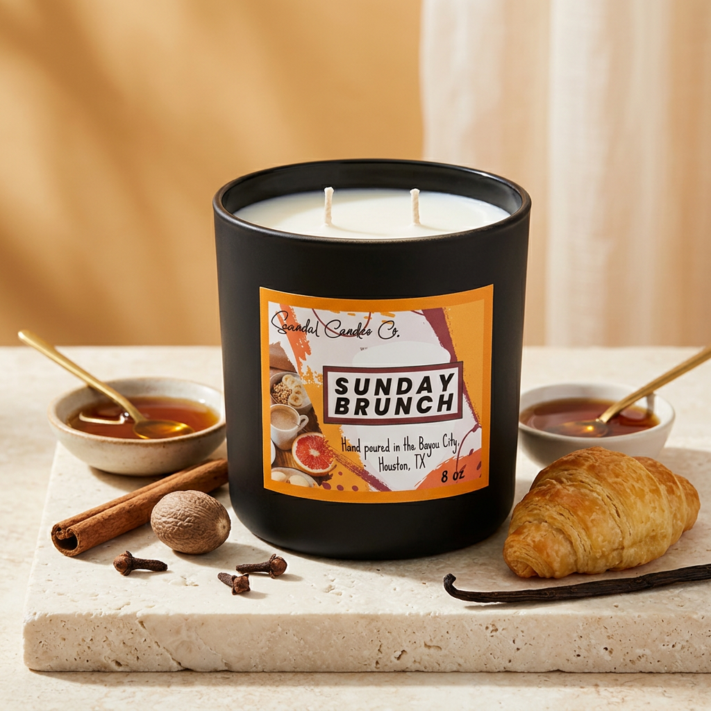 Sunday Brunch candle styled with cinnamon, nutmeg, cloves, vanilla and maple syrup