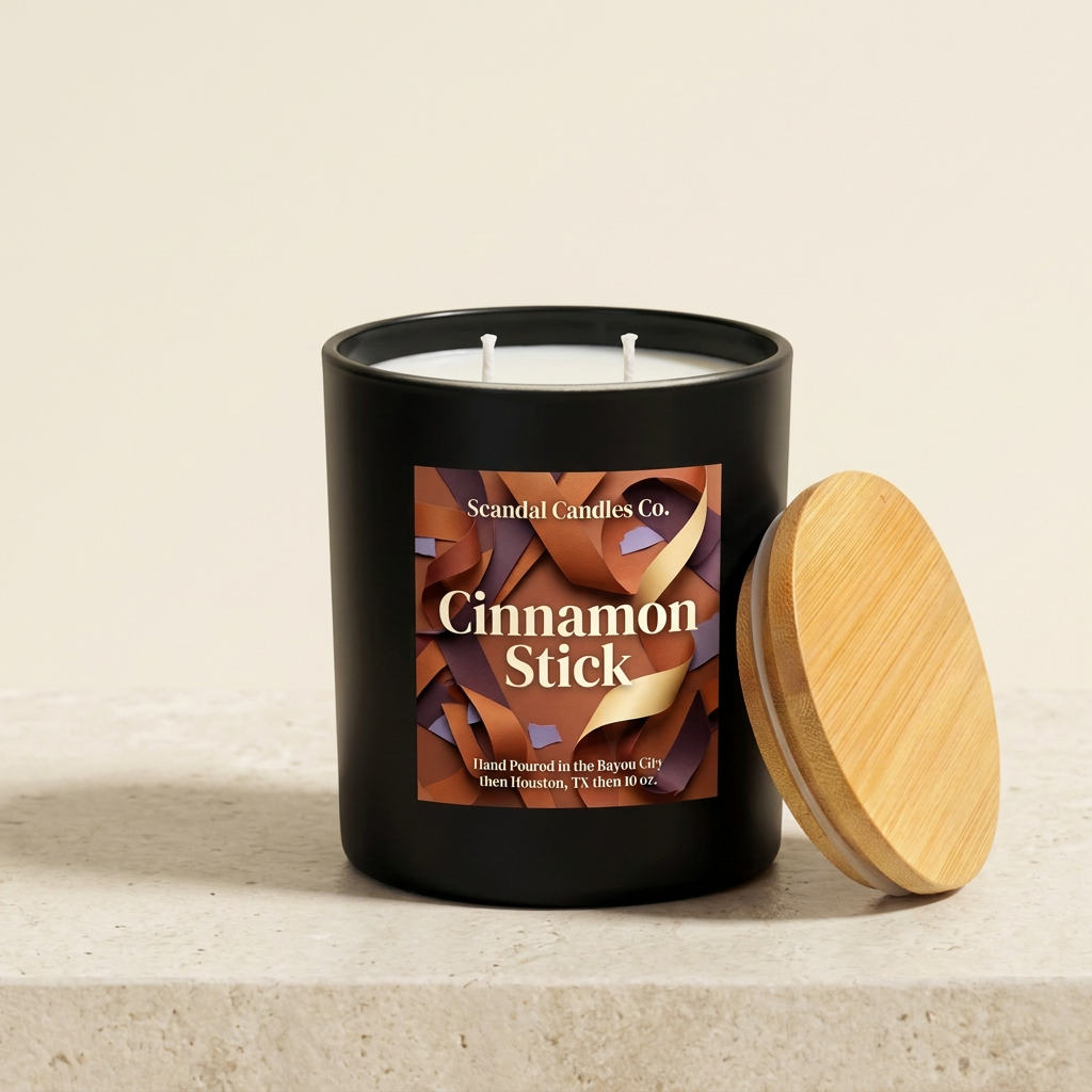 Cinnamon Stick candle with sculptural ribbon label on an ivory studio background
