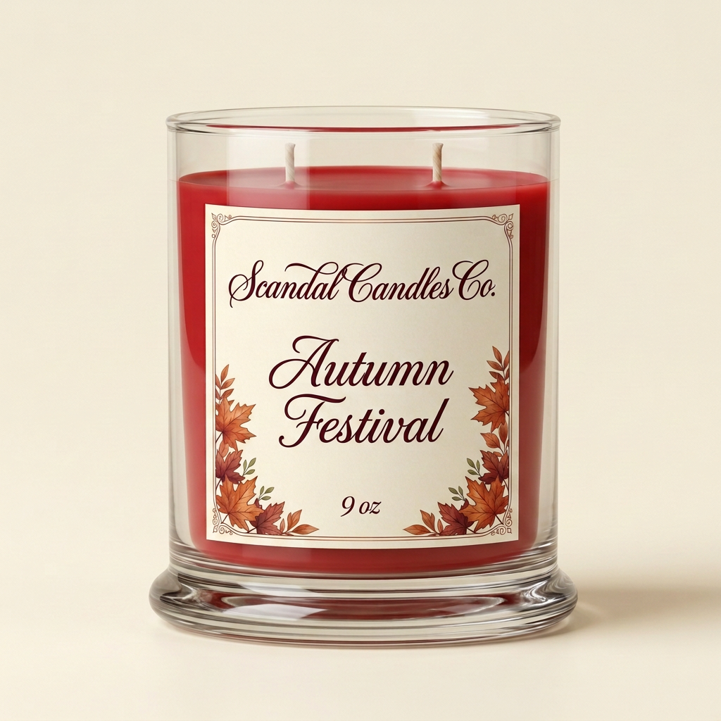 Autumn Festival candle with red wax and two wicks in a clear Libbey Status jar on an ivory background.