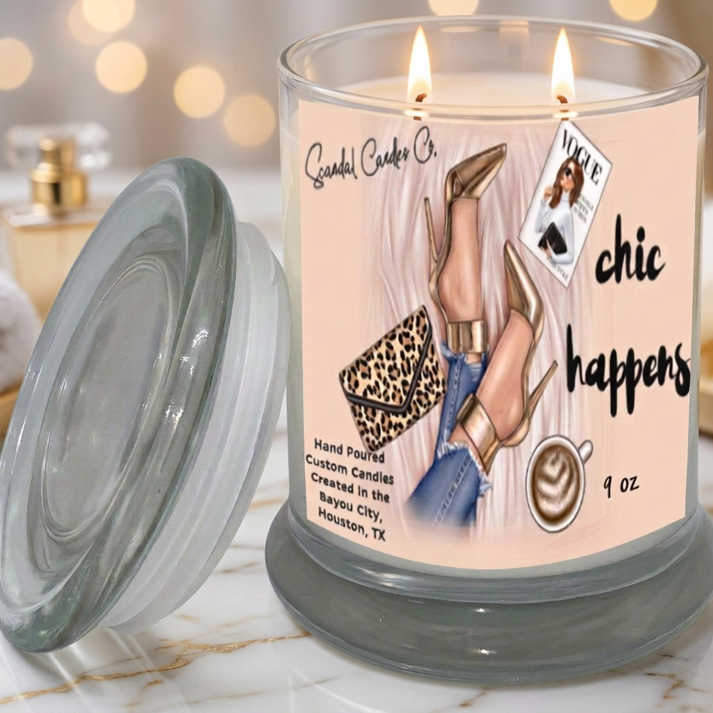 Chic Happens candle with light-skinned legs and feet in its fashion label illustration