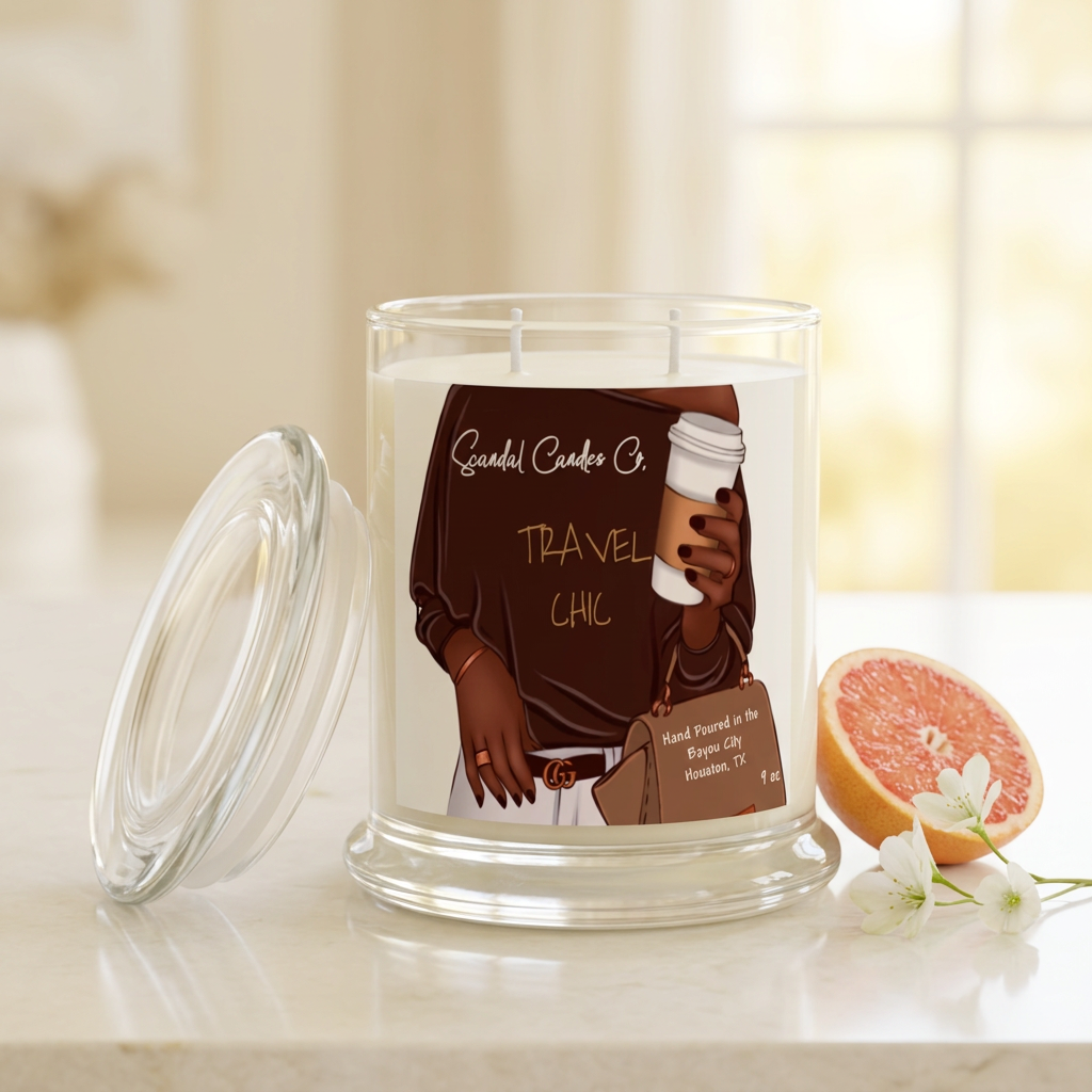 Travel Chic candle styled with grapefruit and delicate flowers inspired by its fragrance notes