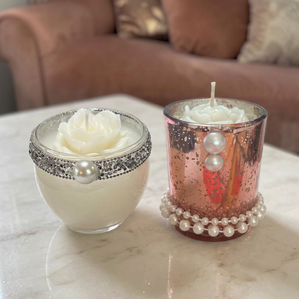 Rhinestone mini votive and pink pearl mini votive side by side on ivory marble in an elegant lounge setting