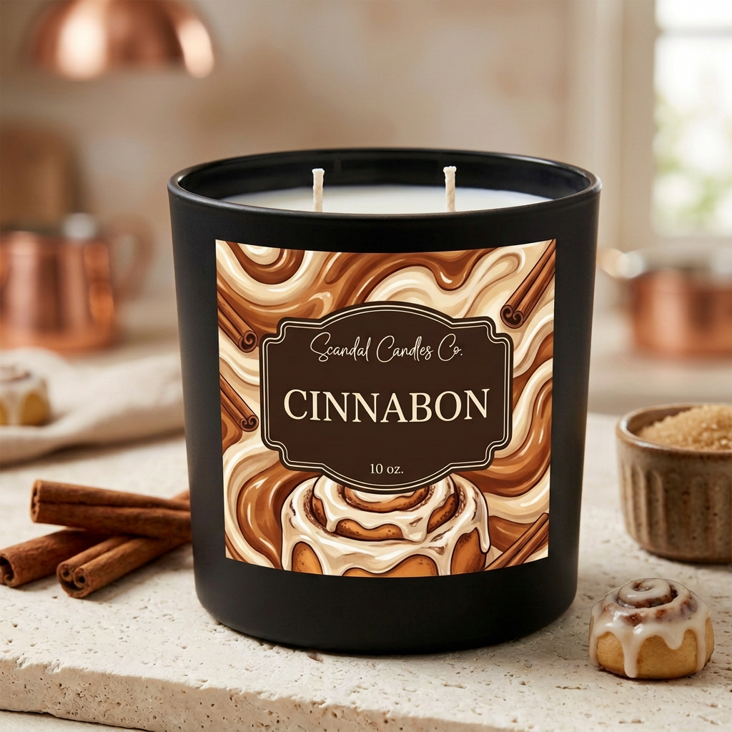 Cinnabon 10 oz candle styled with cinnamon sticks and an iced cinnamon roll