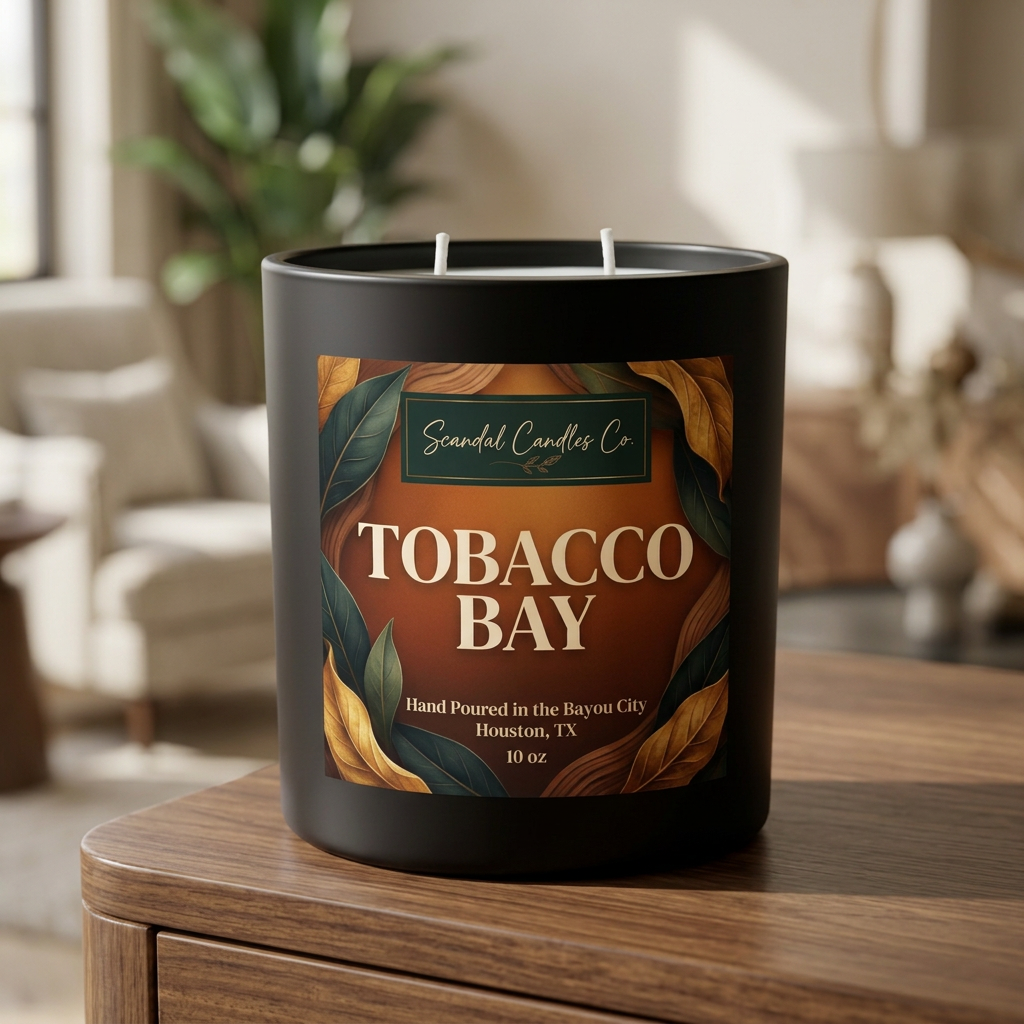 Tobacco Bay candle on a walnut console in a warm living room