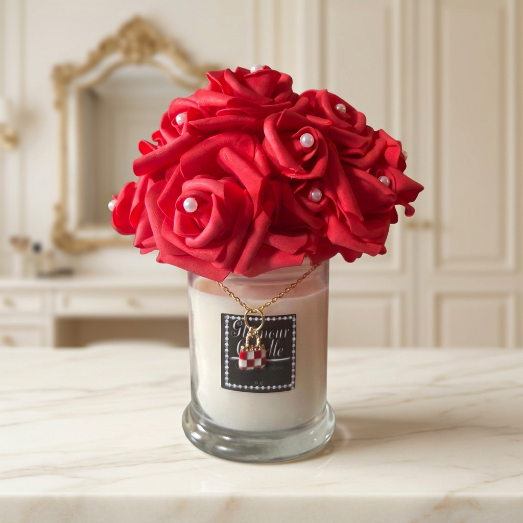 Red Glamour Candle with pearl-accented roses and loose gold chain against a cream dressing-room background