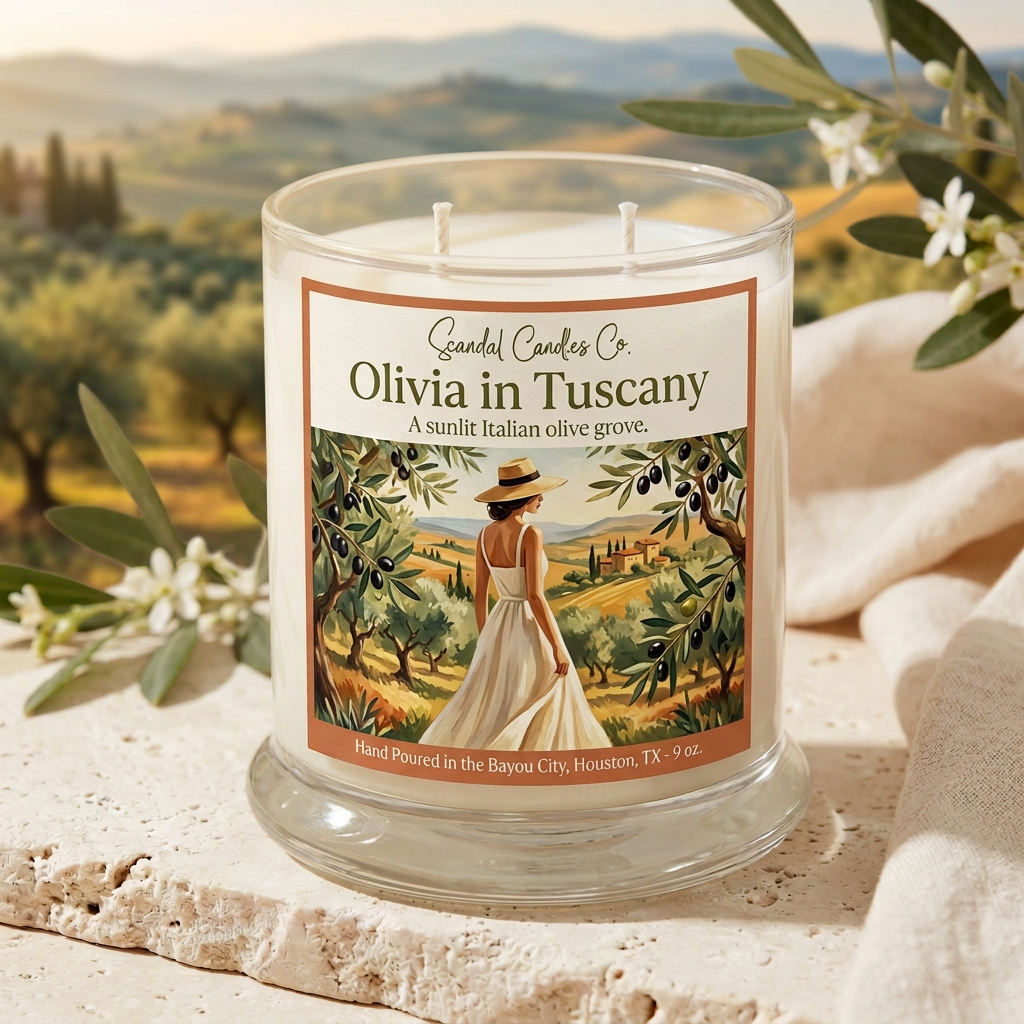 Olivia in Tuscany candle on a sunlit Tuscan terrace