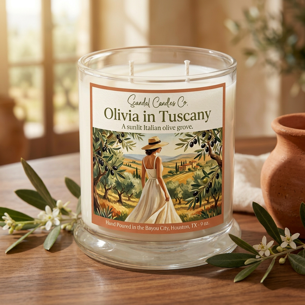 Olivia in Tuscany candle in an Italian villa with olive branches