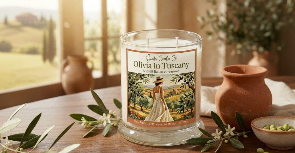 A glass jar candle labeled 'Olivia in Tuscany' by Goodly Candles Co. sits on a wooden table in a warm, sunlit room with olive branches, terracotta pots, and a bowl of green olives around it.