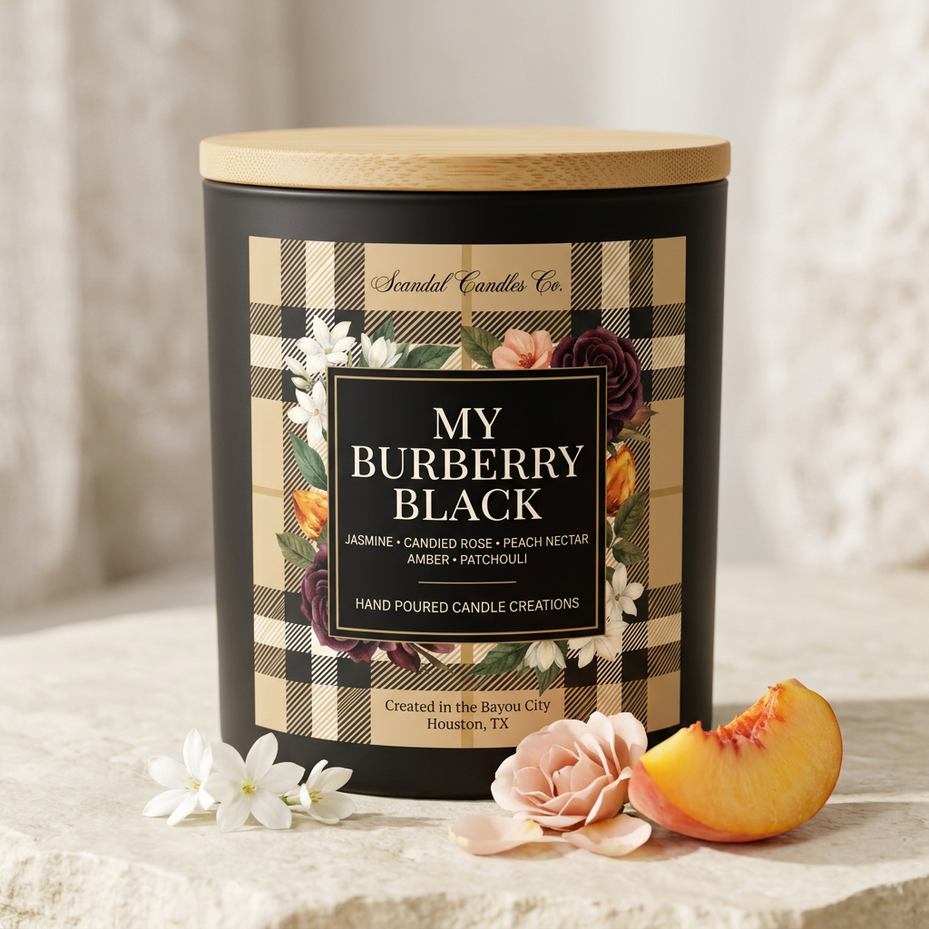 A candle tin from Scandal Candles Co. with a black body, a beige plaid label, and a light wood lid, styled on a stone surface with flowers and peach slices around it.