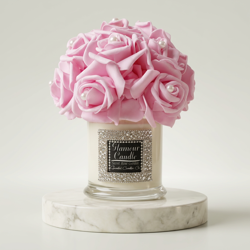 Pink Glamour Candle with pink rose and pearl lid and sparkling label border in an ivory studio setting