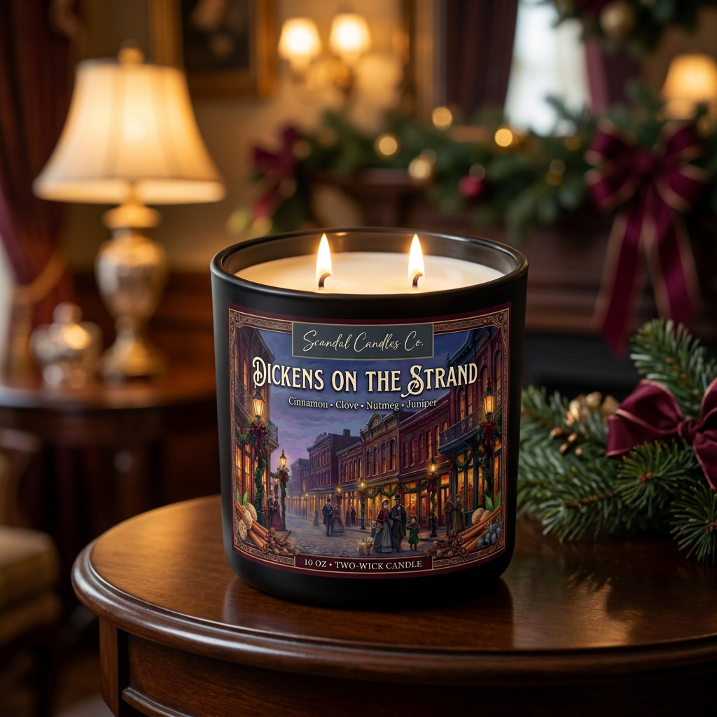 Dickens on the Strand candle burning in a Victorian-inspired holiday parlor