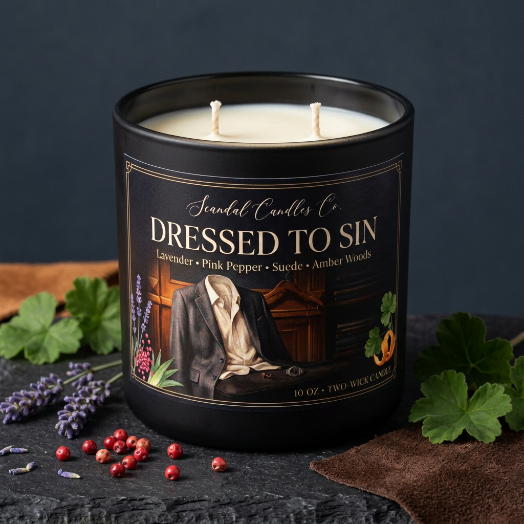 Dressed to Sin candle styled with lavender pink pepper suede and amber woods without lid