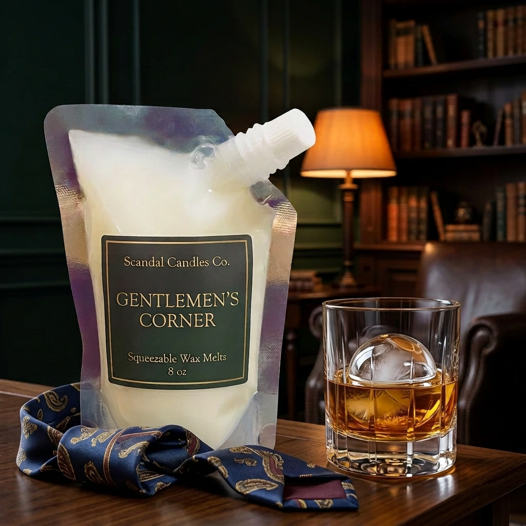 Gentlemen's Corner squeezable wax melt pouch with charcoal green and gold label in a warm wood and leather lounge