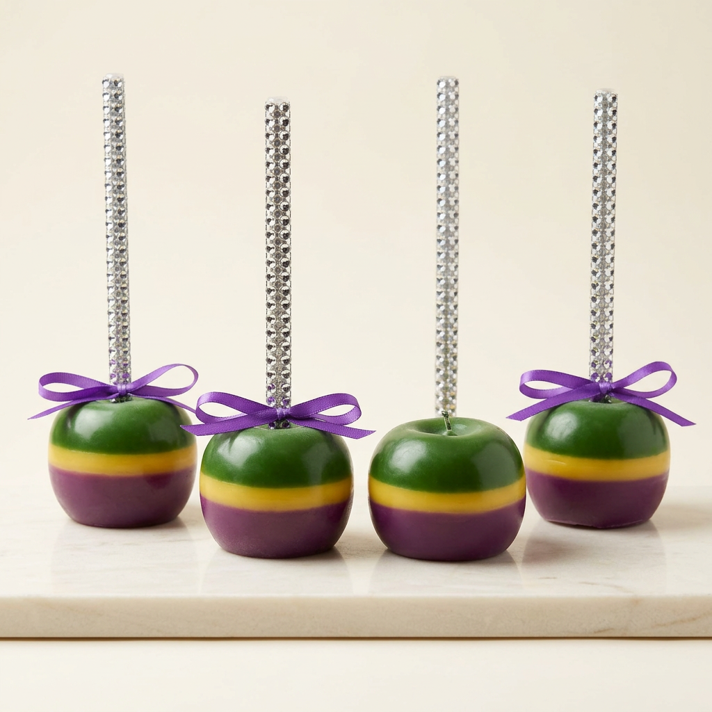 Set of four Mardi Gras apple-shaped candles with rhinestone sticks on an ivory background