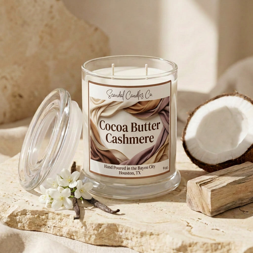 Cocoa Butter Cashmere candle with fabric-fold label styled with coconut, vanilla and jasmine