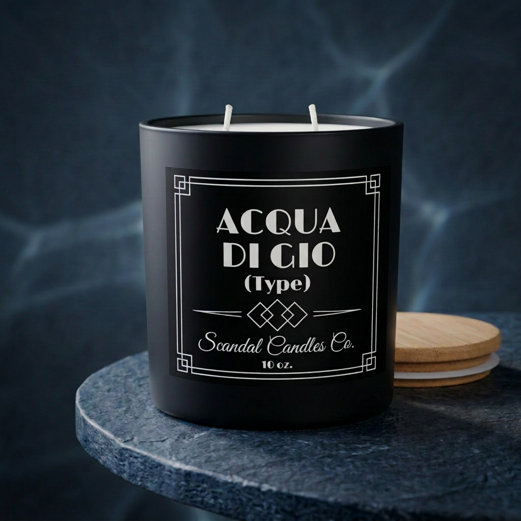 Acqua Di Gio (Type) black two-wick candle with corrected two-line label in an aquatic studio