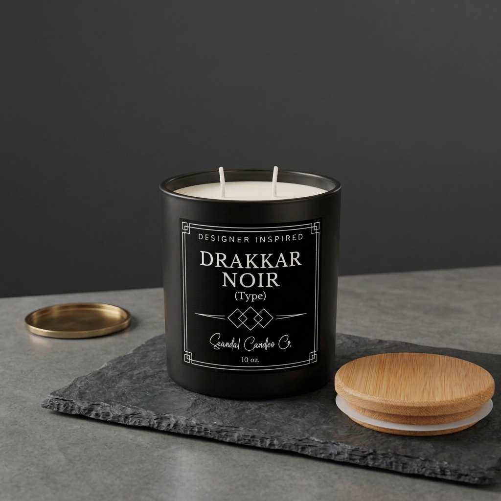 Drakkar Noir boutique candle and bamboo lid in a charcoal studio setting