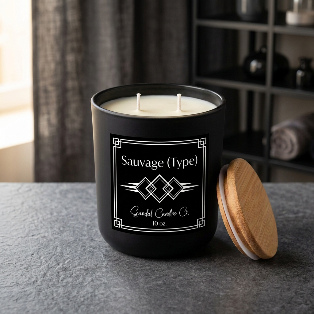 Sauvage candle and bamboo lid on gray slate with a charcoal backdrop and boutique Scandal Candles Co. label