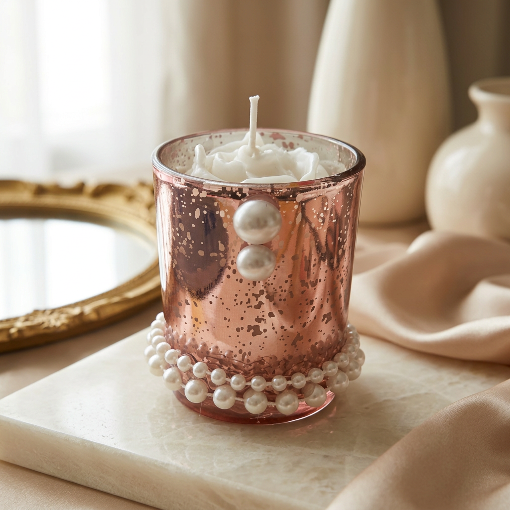 Pink pearl mini votive styled on an elegant vanity