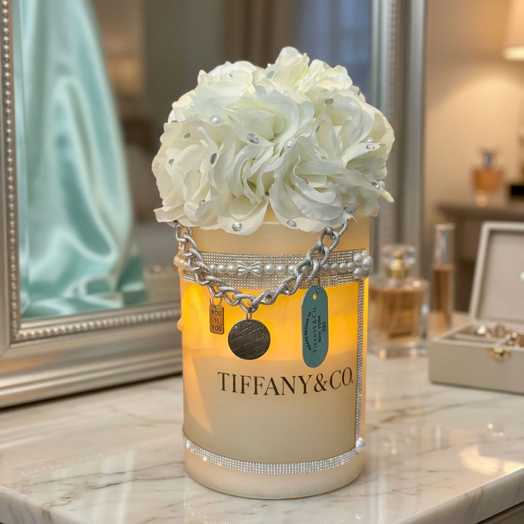 White floral-crowned LED candle with silver chain and rhinestone trim in a vanity setting