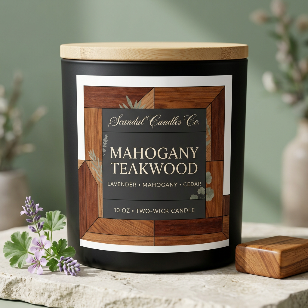 Mahogany Teakwood candle with wooden lid and full white-bordered woodgrain label beside lavender and geranium.