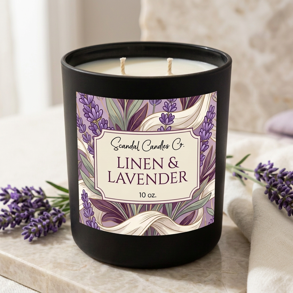 Linen & Lavender 10 oz candle styled with lavender sprigs and ivory linen
