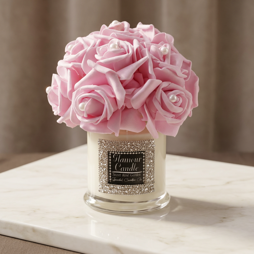Pink Glamour Candle detail showing pink rose petals pearl accents and rhinestone label border