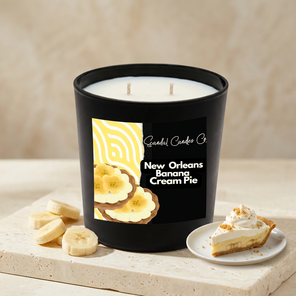 New Orleans Banana Cream Pie candle styled with banana slices and whipped cream pie
