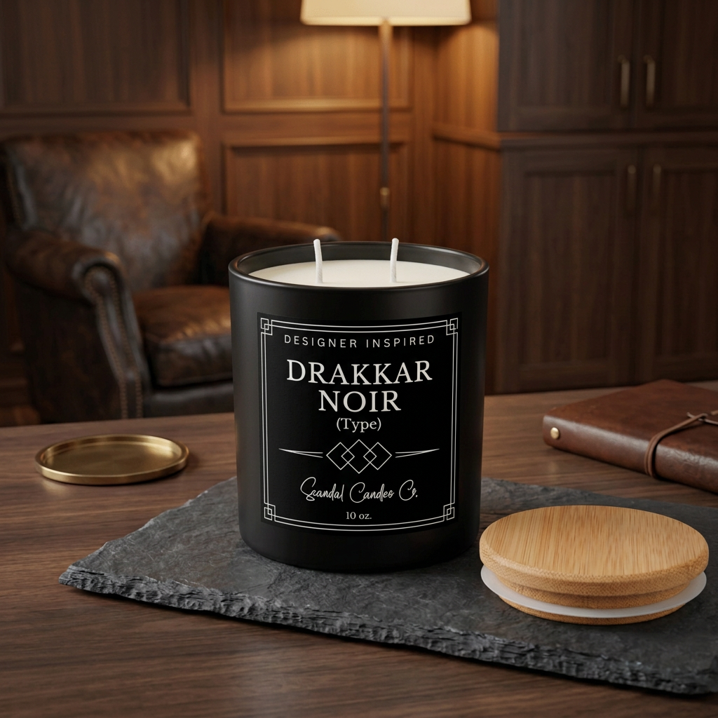 Drakkar Noir candle with black and white boutique label, fresh white wicks and bamboo lid in a wood-paneled lounge