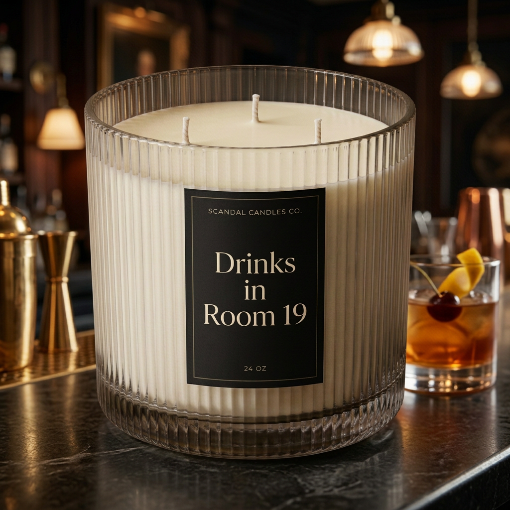 Drinks in Room 19 three-wick candle with black label in a cocktail lounge setting