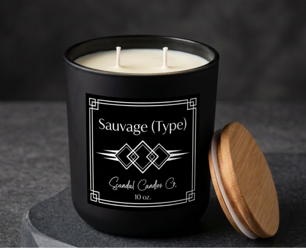 Sauvage candle with black and white boutique label and two fresh white wicks on a charcoal stone pedestal