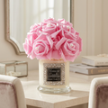 Pink Glamour Candle displayed on an elegant ivory stone vanity
