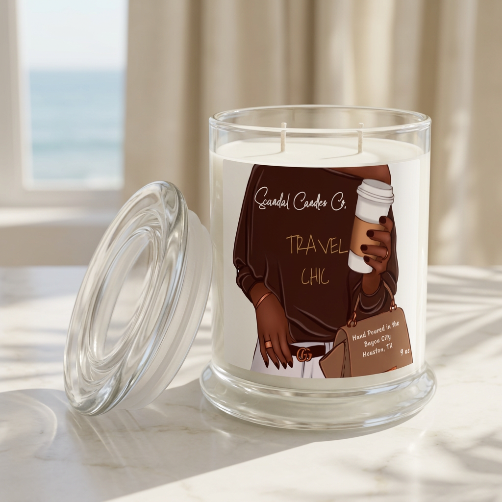 Travel Chic candle and glass lid in a coastal hotel spa setting
