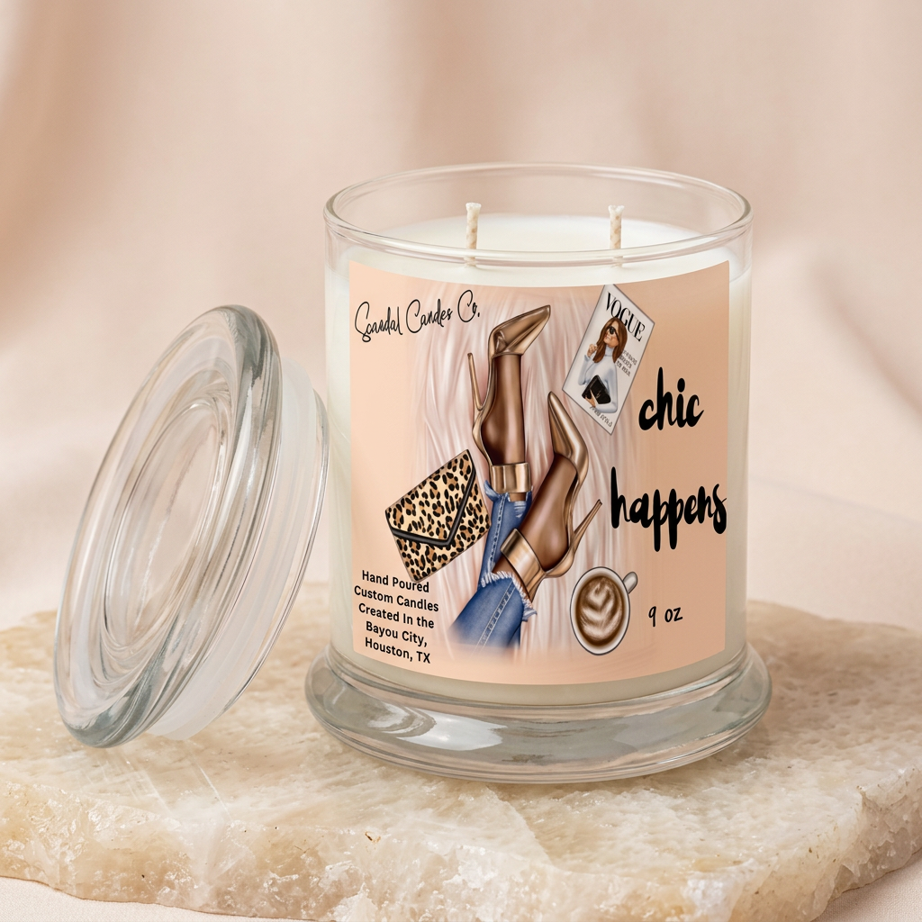 Chic Happens candle and glass lid on a blush cream studio background